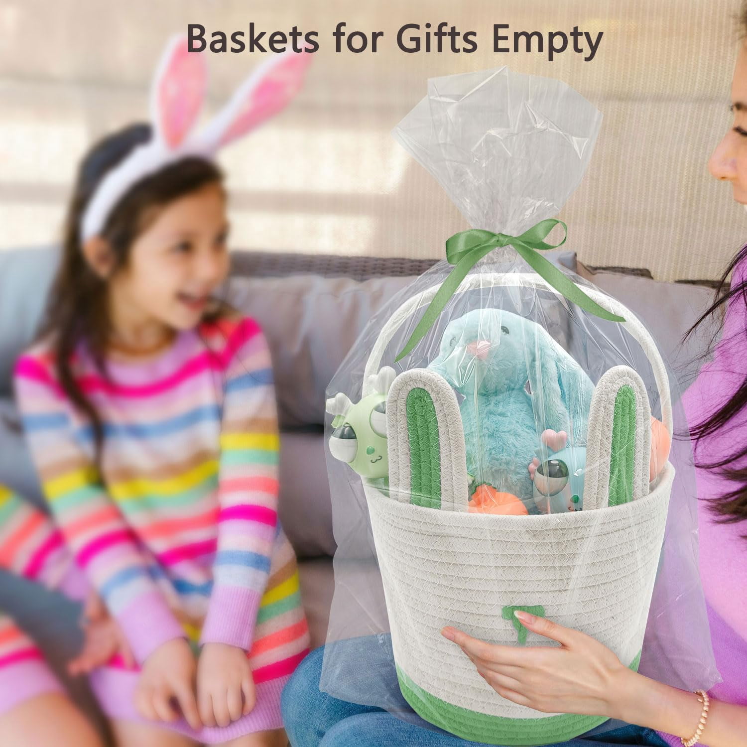 2 Pack Large Woven Easter Baskets for Girls & Boys - Empty Basket with Gift Bags and Ribbons Cute Easter Decorations Bunny Ears Designs (Blue+Green)