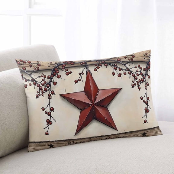 Red Texas Star Rustic King Size Pillow Cover, Pillowcase Protectors with Zipper, Breathable Decorative Throw Pillow Case Cover, Country Star Berries Wooden Pillow Shams for Couch Sofa 20x36Inch