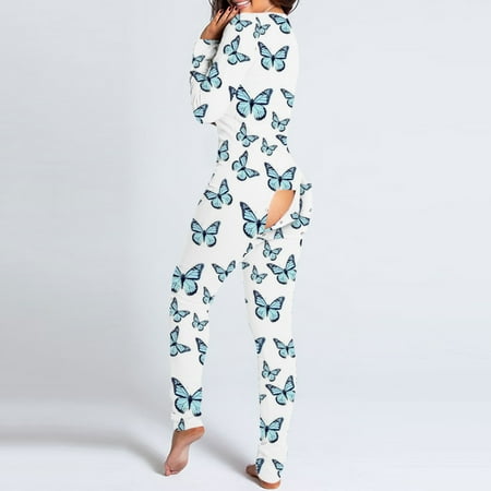 

TIHLMK Pajamas Sales Clearance Women s Button-down Butterfly Print Functional Buttoned Flap Adults Jumpsuit Blue