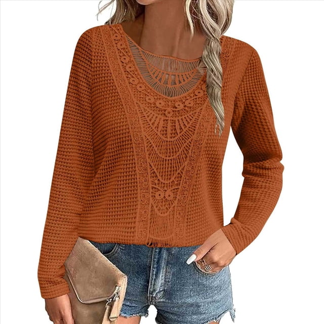 Camiseta de Mujer con Encaje de Piña y Costuras, Color Liso, Larga, Cuello Redondo, Informal. Color Naranja M