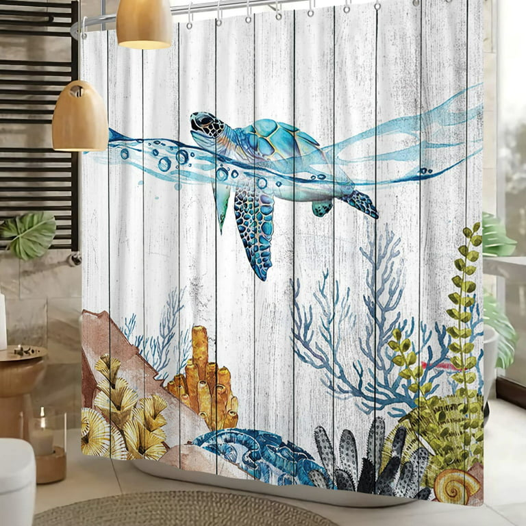 Nautical Sea Turtle Shower Curtain Ocean Theme Tropical Fish Coral Under  The Sea Shower Curtains for Kids Funny Bathroom Decor 72x72 Inch Polyester