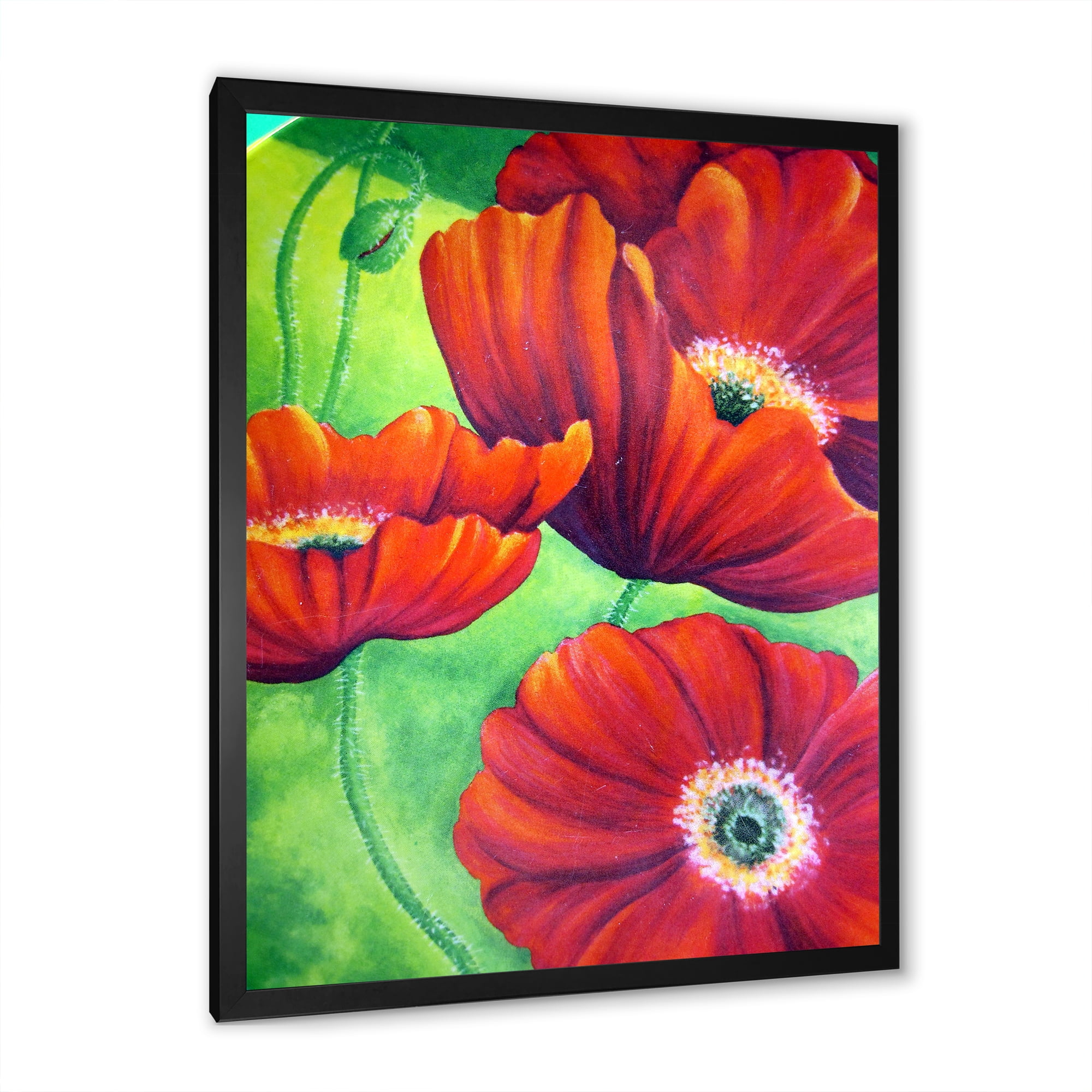 Designart 'Red Blossoming Poppies Over Wild Green V' Traditional Framed Art Print