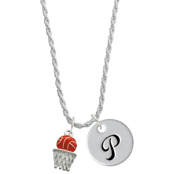 Delight Jewelry Silvertone Basketball - Over Hoop Silvertone Script Initial Disc - P - Charm Necklace, 20"+3"