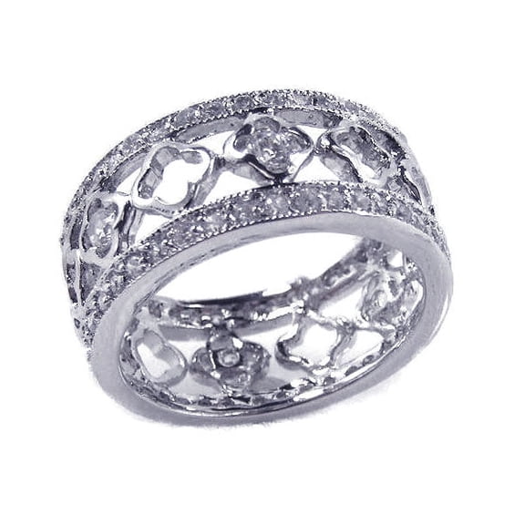 Sterling Silver 925 Rhodium Plated Flower Band Alternating Ring White CZ Jewelry Female Size 8