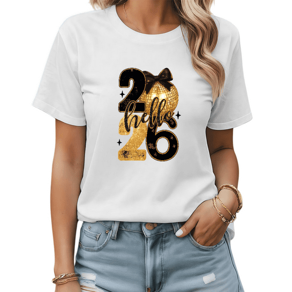 Hello 2026 Glitter Gold Print Tshirt Graphic Tees White Shirts S-5XL Sparkle New Year Tops