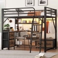 thumbnail image 3 of Loft Bed Full Size with Desk and Charging Station, Metal Loft Beds Frame with LED Lights, Bookcase & 4 Fabric Storage Drawers & Bench, Adults Loft Beds with Wardrobe -Safety Guard & Ladder, Black, 3 of 8