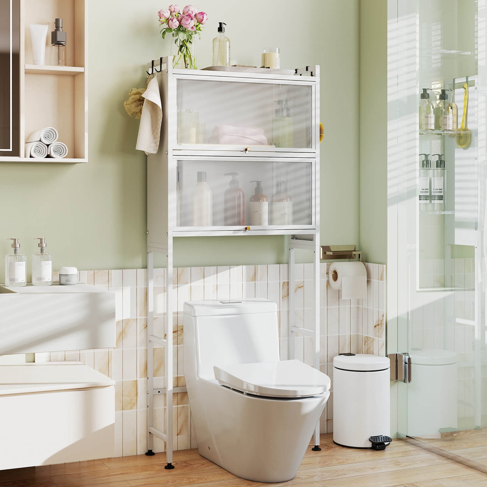 Costway 66” Bathroom Organizer with 2 Flip-up Cabinets, See-through Fluted Doors, 4 Hooks White