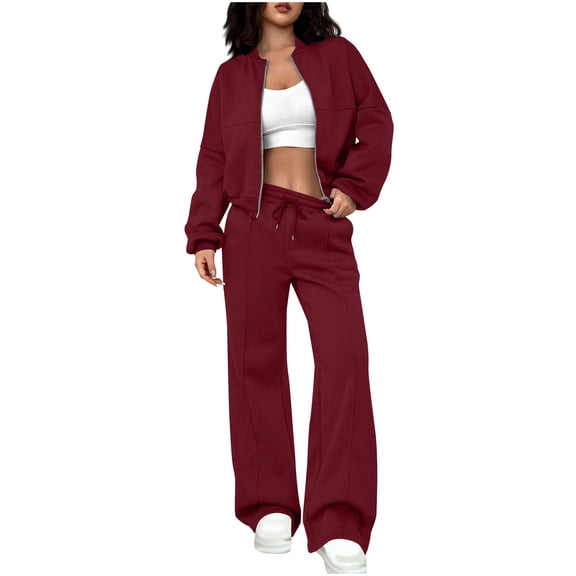 Women's 2 Piece Tracksuit Set Zip Up Crop Bomber Jacket and High Waisted Wide Leg Sweatpants Casual Lounge Wear Athletic Outfits with Drawstring