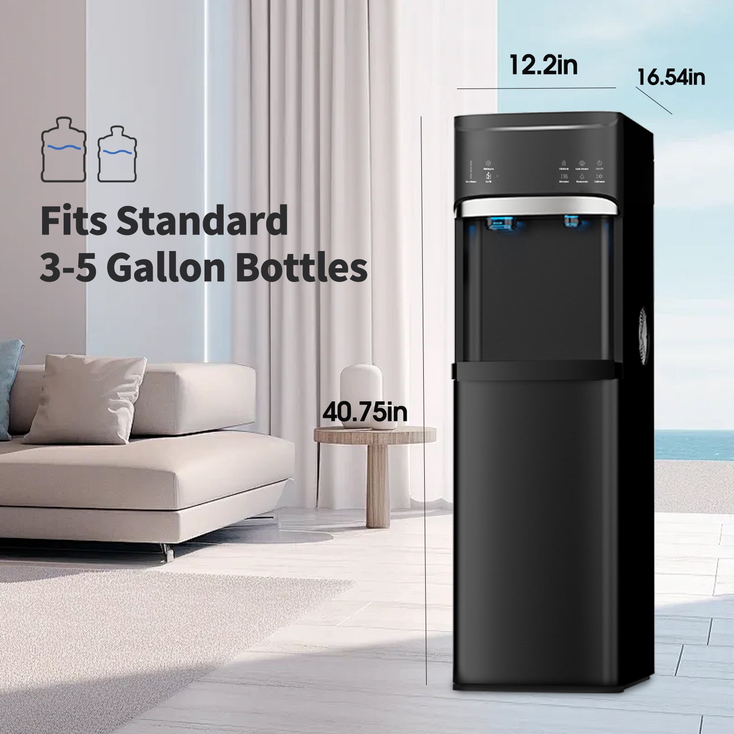 IKT Bottom Loading Water Dispenser with Nugget Ice Maker,Self-Clean,44lbs/Day,5 Gallon,,3-Temp(Cold/Hot/Room),Child Lock,for Home & Office,Black