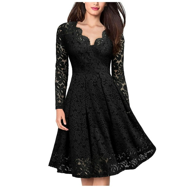 Gibobby Vestido sexy para mujer corto Vestido largo hasta la rodilla con cuello en V de encaje a la moda de manga sólida para mujer(Negro,M)