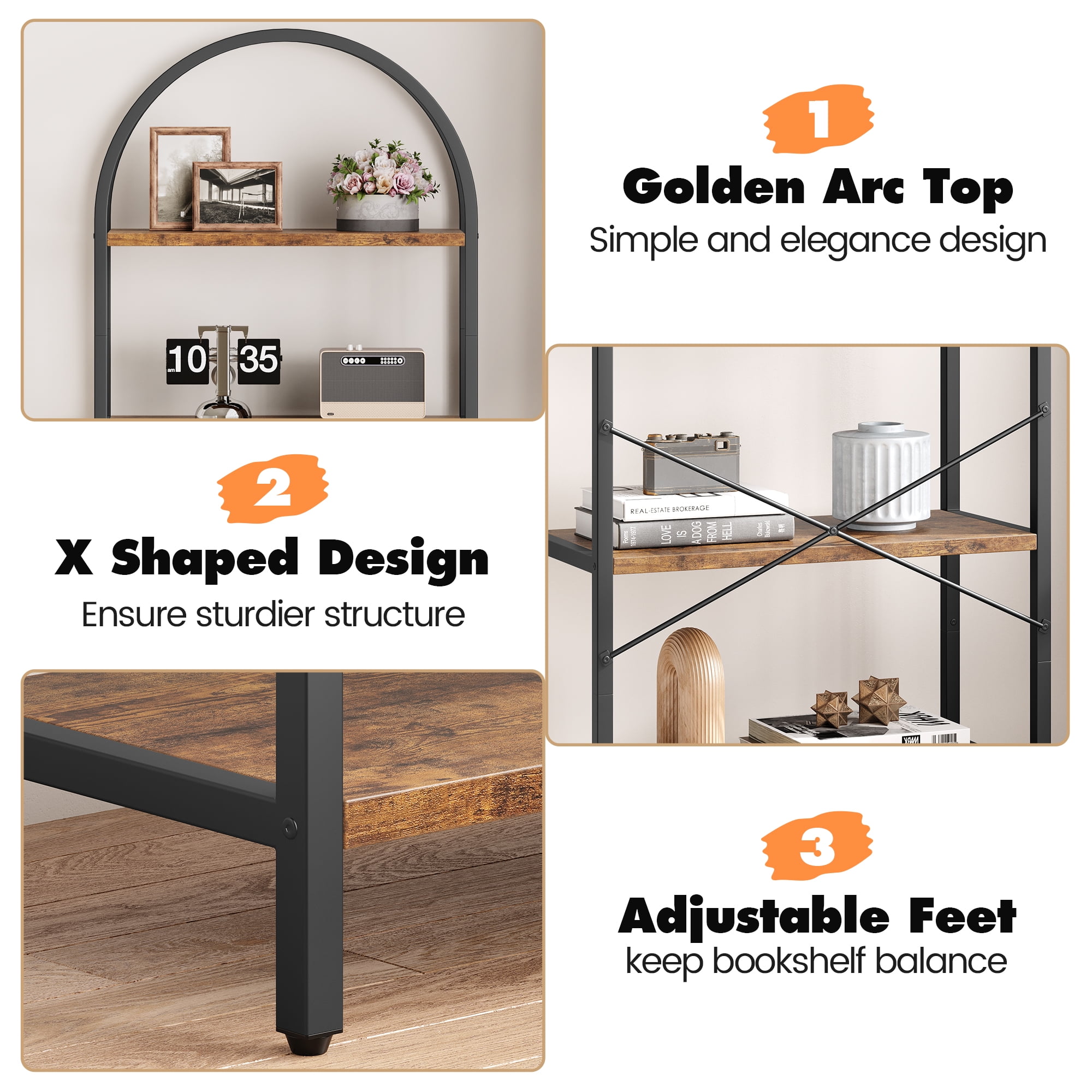 Memoryfield 5 Tier Bookcase, Arched Display Racks Bookshelves, Metal Frame Modern Storage Rack Shelf Large Wood Book Shelf for Bedroom, Living Room, Home Office, Black + Rustic Brown