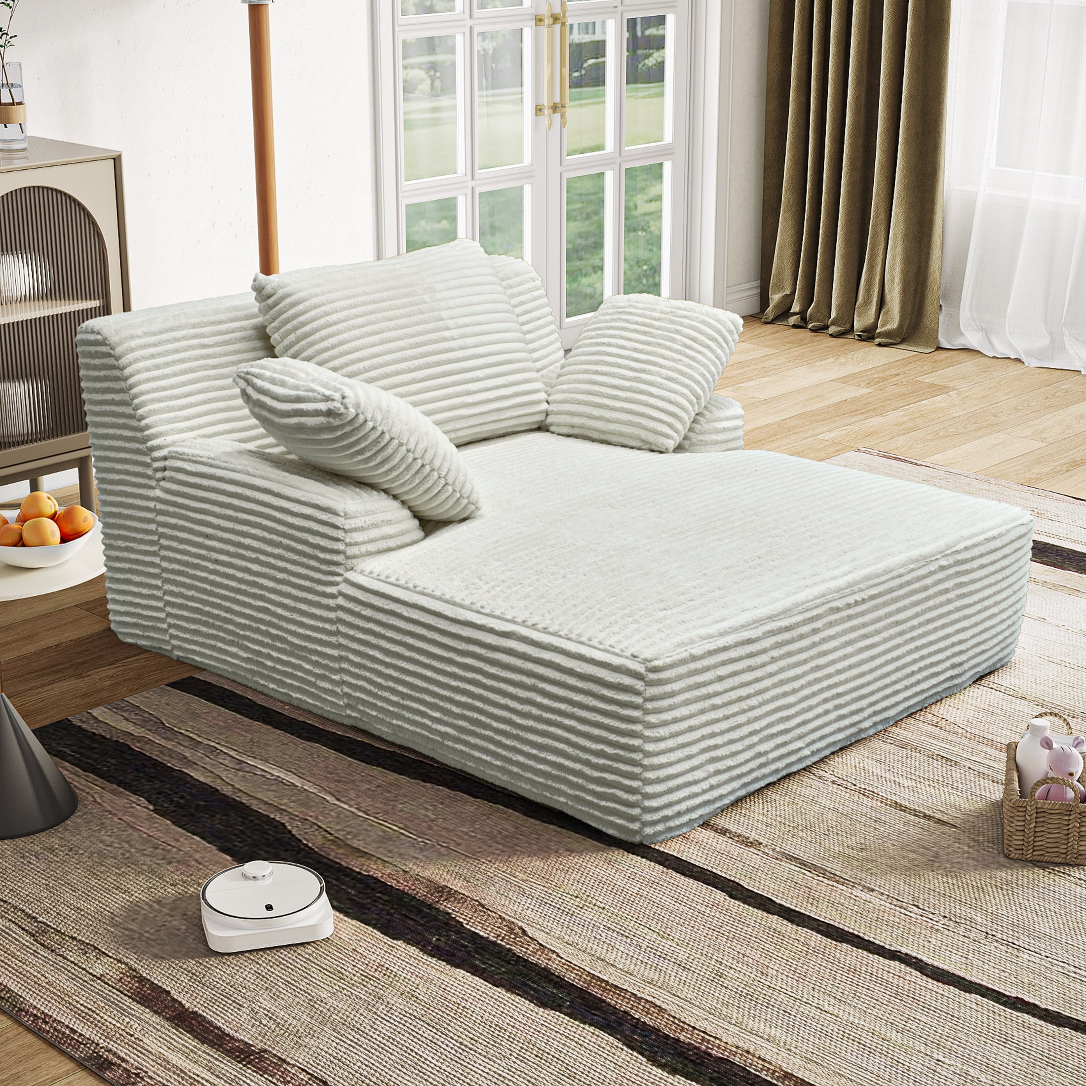 Noble House Salem 51" Oversized Chaise Lounge Chair, Plush Corduroy Sleeper Couch, Reading Chair for Living Room, White