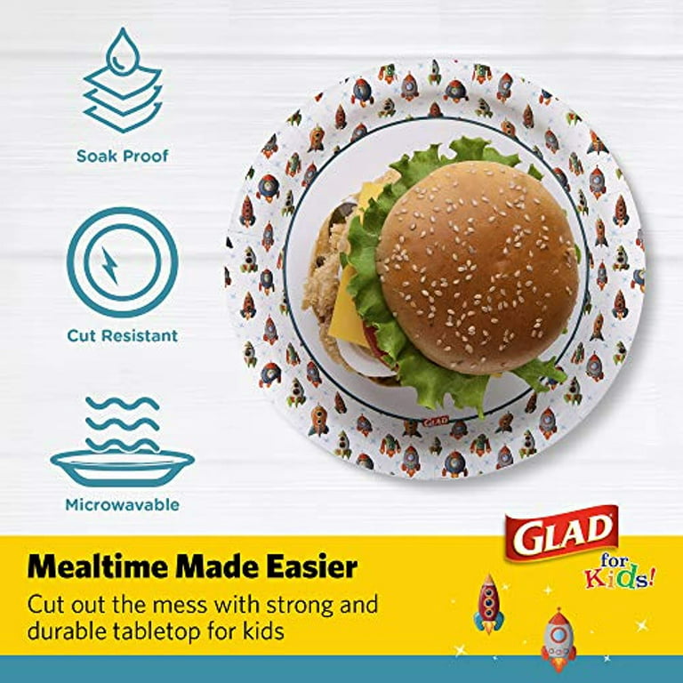 Glad for Kids 8 1/2-Inch Paper Plates, Small Round Paper Plates with  Dinosaurs, Heavy Duty Disposable Soak Proof Microwavable Paper Plates, 8.5  Round Plates 120ct