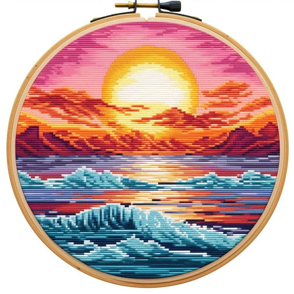 Sunset and Sea Round Sape Stamped Cross Stitch Kits for Beginners Easy with Hoop 11CT Needlepoint Embroidery DIY Counted Cross Stitch Kits Art Craft Wall Decor 35x35cm(2)