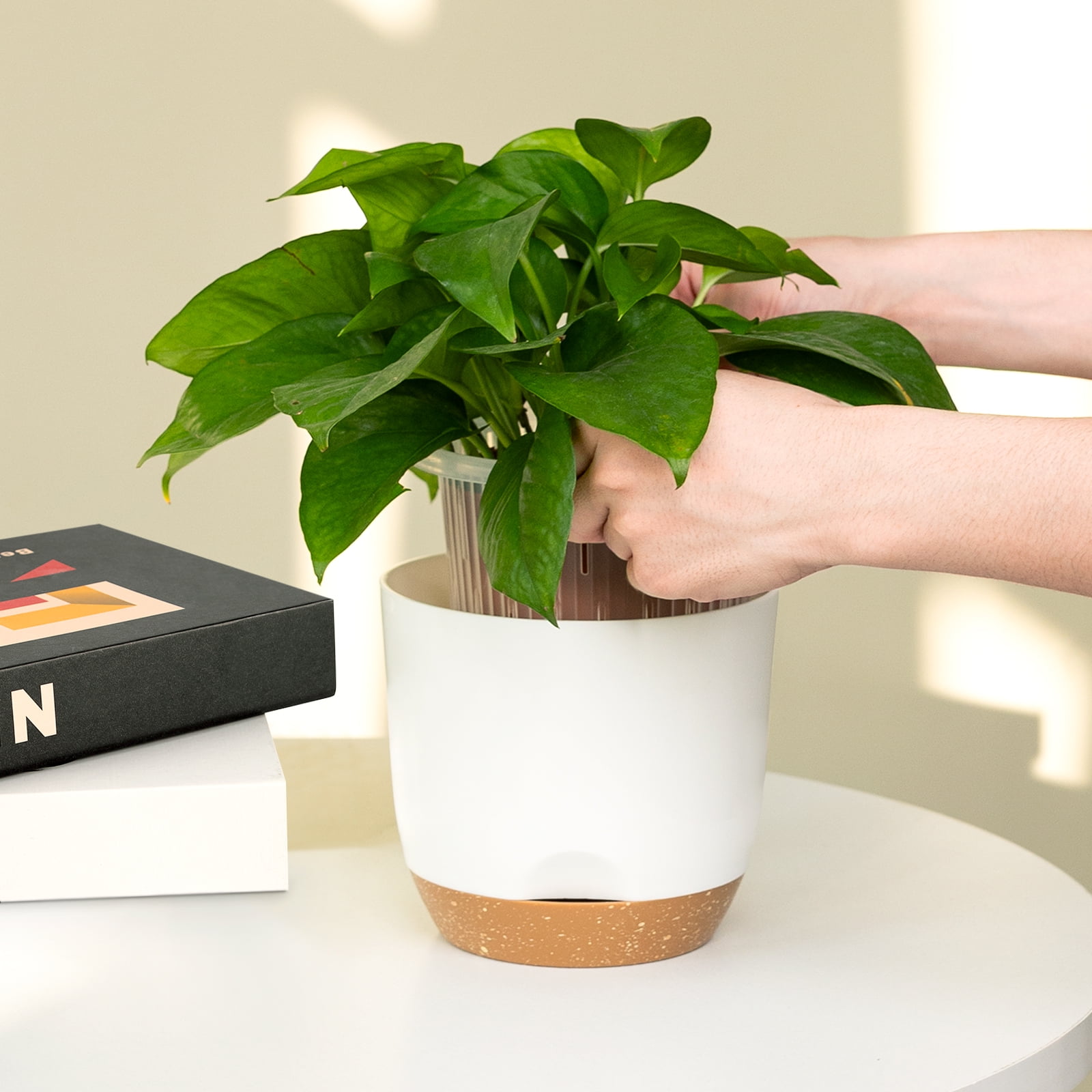 QCQHDU 5.8 Inch Self Watering Planters for Indoor Plants with Bottom Watering,2Pack Flower Plant Pots for Outdoor with Drainage, Durable Plastic planters Pots(White)