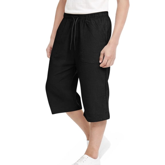 Kinrui Boys Linen Capri Pants Elastic High Waist 3/4 Capris Lightweight Knee Length Cropped Summer Yoga Beach Pant 4-15 Years Black