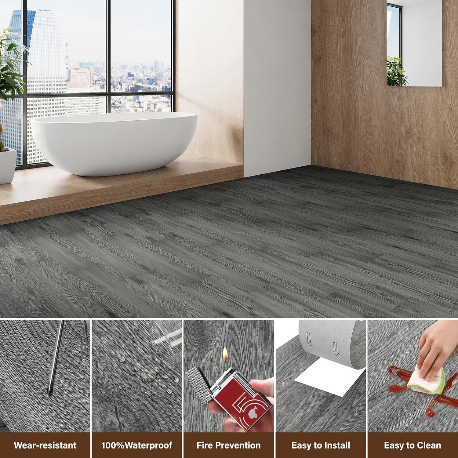 Peel and Stick Floor Tile Vinyl Flooring, Waterproof Vinyl Plank Flooring 36-Pack 54 Sq.Ft Wood Grain Self Adhesive Peel and Stick Flooring for Bedroom, Living Room, Kitchen, RV(Natural Gray)