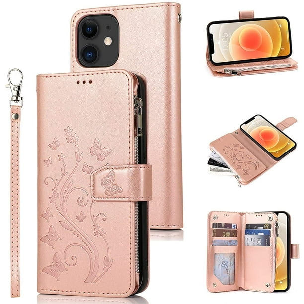 Leather Case for iPhone 7 Plus iPhone 8 Plus Fashion Zipper Wallet Case for  Women Girl with Embossed Butterfly Flower Card Holder Kickstand Lanyard