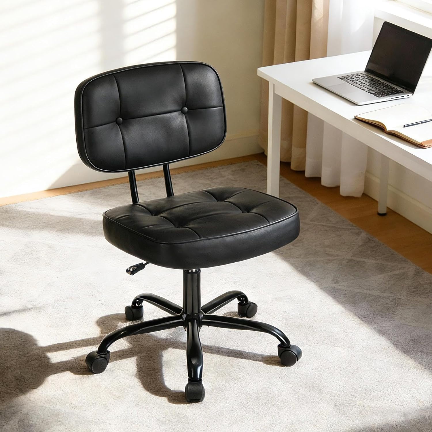 Armless Vanity Chair for Makeup Room, Small Desk Chair with Tufted PU Leather, Adjustable Height Rolling Computer Chair for Home Office & Dorm, Black