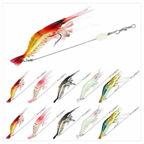 Rongsi 10PCS Saltwater Fishing Lures Shrimp Baits Set, Premium Soft Shrimp Fishing Tackle with Luminous Sharp Hooks, for Freshwater and Saltwater