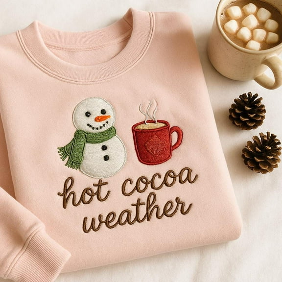 Embroidered Hot Cocoa Weather Sweatshirt, Snowman and Drink Christmas Shirt, Winter Pink Crewneck, Holiday Chocolate Lover Gift