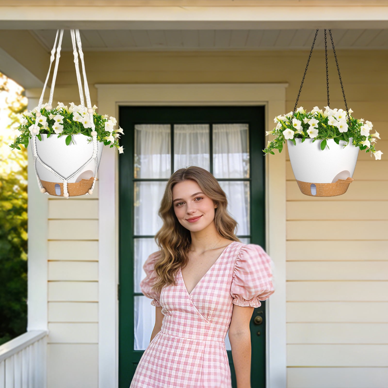 FIASON 2 Pack 10 Inch White Self-Watering Hanging Planters, Indoor Outdoor Flower Pots with Visual Reservoir, Drainage Holes & 2 Types of Plant Hangers for Garden Home Decor