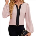 thumbnail image 3 of Blusas Elegantes de Larga para Mujer, con Cuello en V y Bloques de Color, para Negocios y Trabajo, Ropa de Moda para Otoño. Rosa XXL, 3 of 10