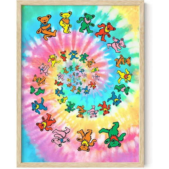 Haus and Hues Trippy Poster Indie Posters - Stoner Posters Y2K Wall Decor Posters for Room Aesthetic Trippy Cool Posters Indie Kid Y2K Wall Decor Tie Dye Bears Collage (Framed Beige 16x20)