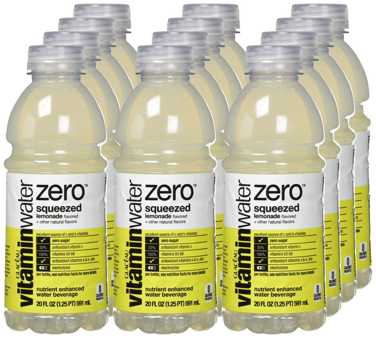 Vitaminwater Zero Sugar Lemonade Squeezed, Vitamin Enhanced Water, 12 Pack, 20 fl oz Bottles