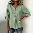thumbnail image 4 of LEKWK 3/4 Length Sleeve Womens Tops V Neck Button Ruffle Cuff Striped Casual Shirts Lightweight Loose Fit Comfy Summer Tops Fashion Beach Vacation Outfits, 4 of 6
