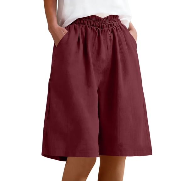 BLVB Women Summer Bermuda Shorts Knee Length Elastic Waist Baggy Beach Lounge Casual Long Shorts with Pockets