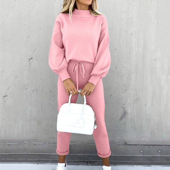 MSJUHEG Two Piece Sets,Sweatpant and Sweatshirt Set Women,Women Outfit Sets,Women Cute Outfits Women Fashion Casual Solid Shirt Round Neck Blouse Pocket Pant Suit Two Piece Jogger Set Z Pink S