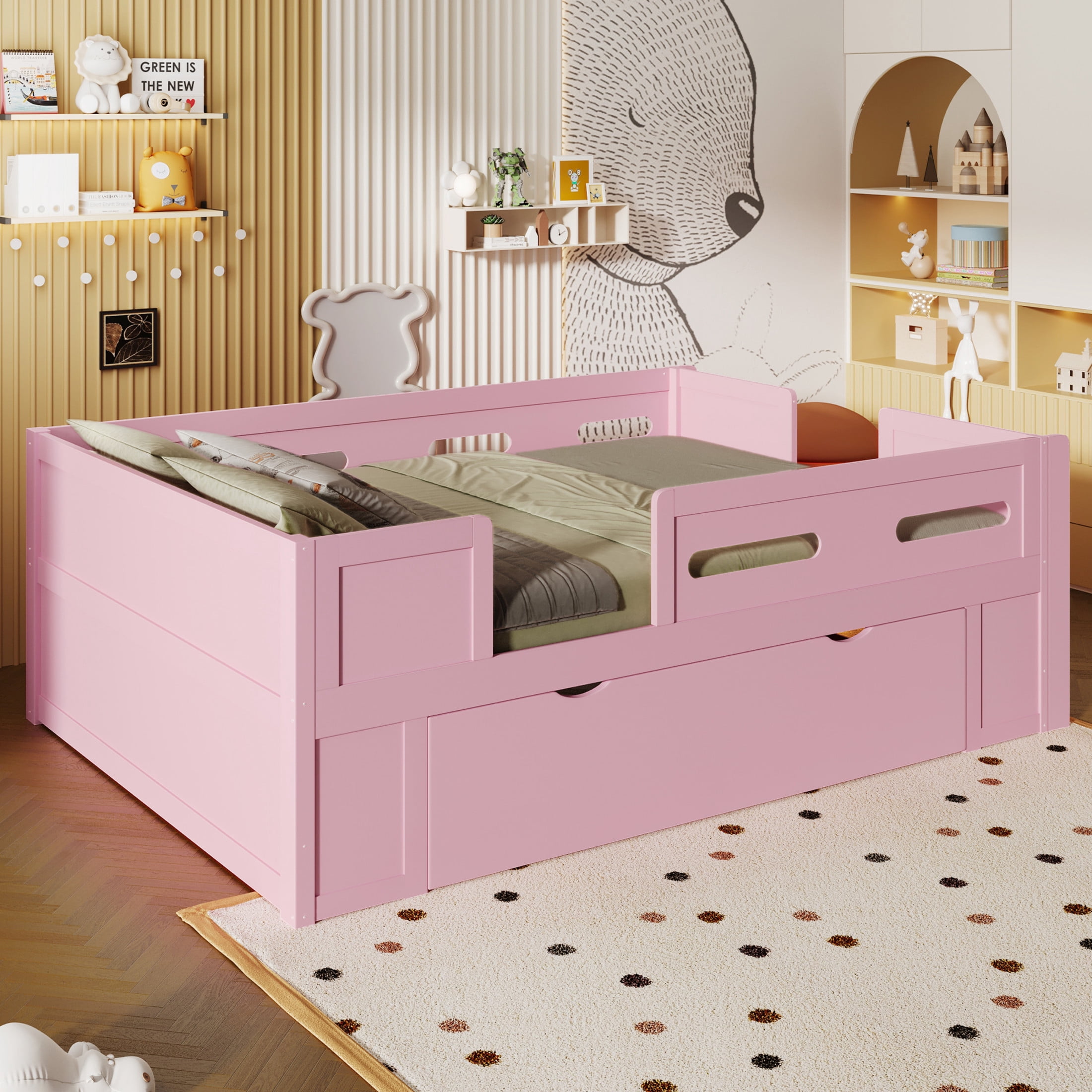 Noble House Genrix Twin Size Pine Wood Platform Bed with Guardrail and Storage Drawer, Kids Bed Frame, Pink