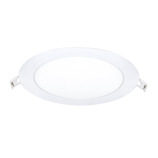 estevez luminaria led para empotrar flat eco 12w 3000k blanco – ip20, vista frontal centrada de plafón empotrable blanco Ø170×10 mm con aro delgado y difusor opal, acabado en aluminio y polipropileno y clips de sujeción visibles; emite luz cálida 3000K, 12W con driver incluido, ideal para interiores residenciales y comerciales y suele usarse también en pasillos y gabinetes.