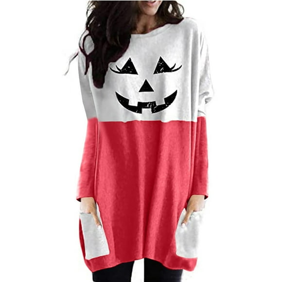 EQWLJWE Hoodies for Women,Women's Halloween Lantern Ghost Pumpkin Shirt Face Costume Long Sleeves Tops,Deals,Discount
