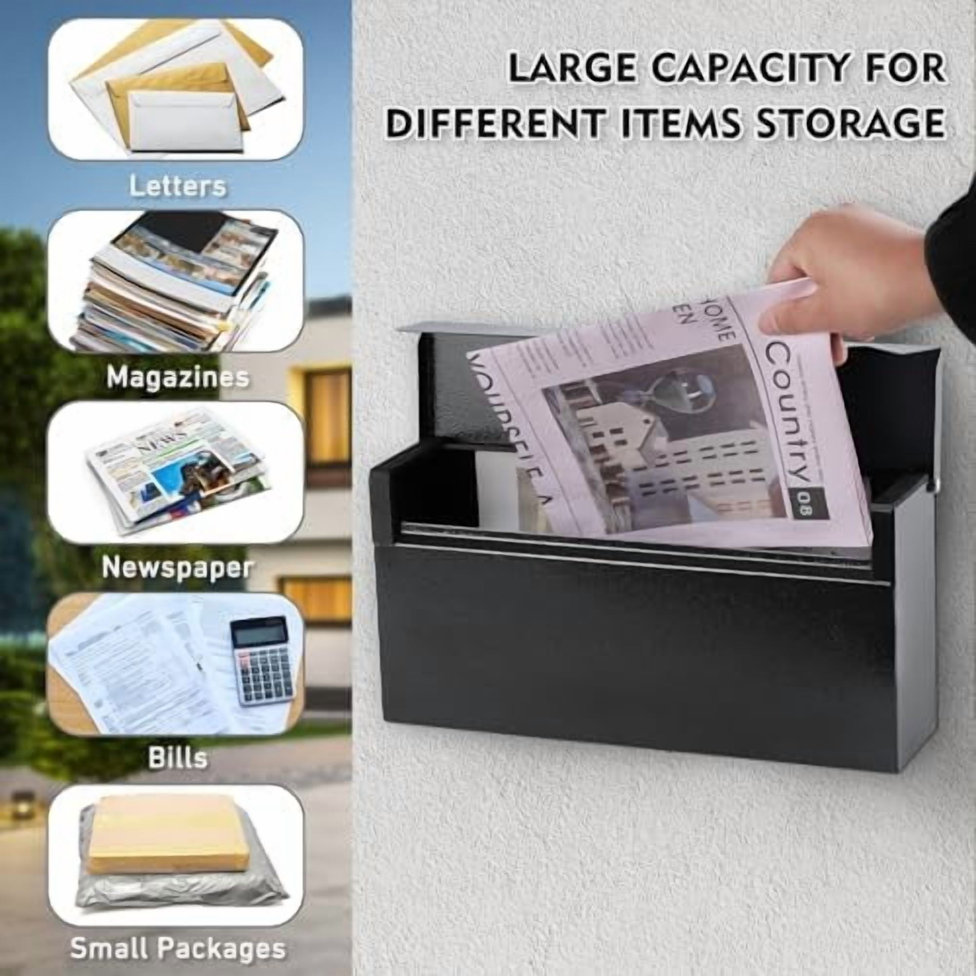 Wall-Mount Mailbox, Large Capacity Mail Box, Mailboxes for Outside, Galvanized Steel Rust-Proof Metal Post Box, 14.56" x7" x4.13" Black