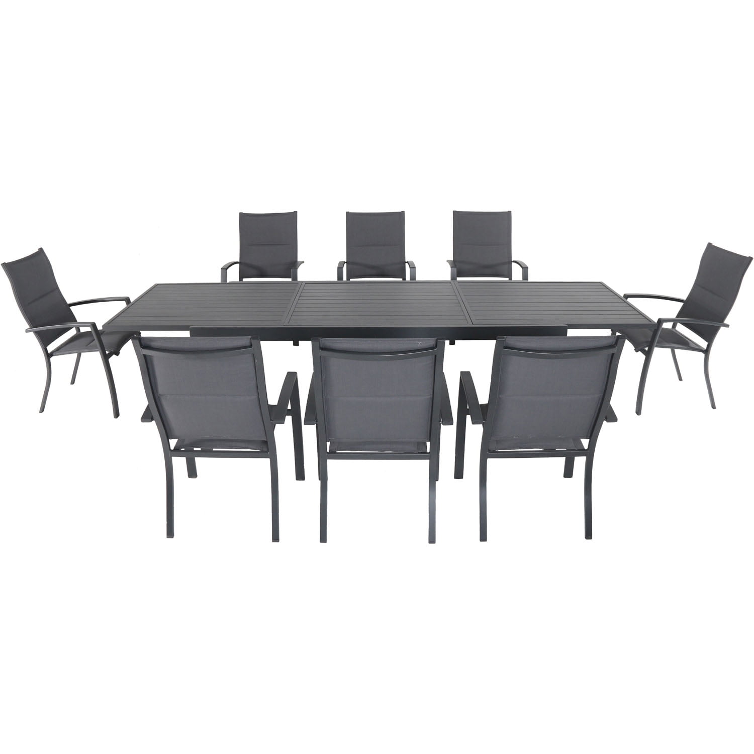 Cambridge Nova 9-Piece Outdoor Dining Set with 8 Padded Sling Chairs in Gray and a 40' x 118' Expandable Dining Table