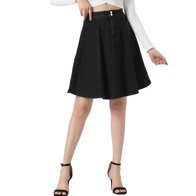 Falda de mezclilla negra de mujer Inspire Chic, de cintura alta, en línea A, con vuelo, casual