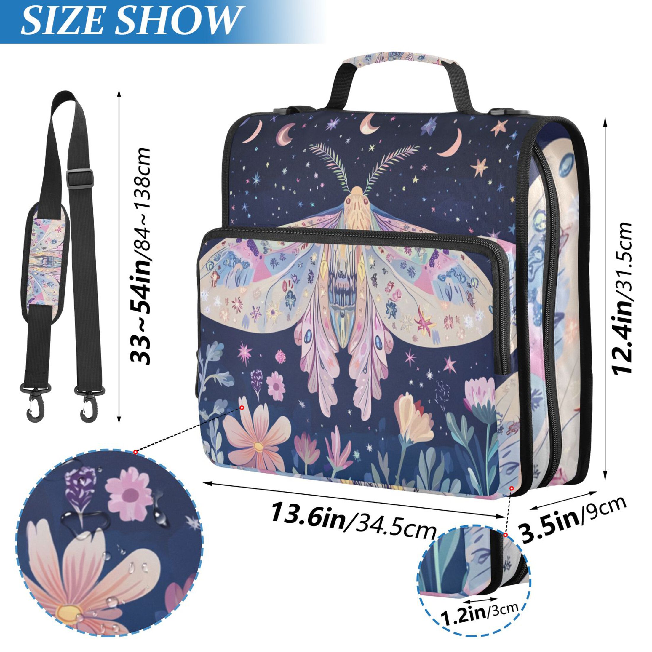 3 Ring Zipper Binder with Shoulder Strap Waterproof Trapper Keeper 2 Inch D-Ring 500 Sheets Capacity Moth Moon Flower