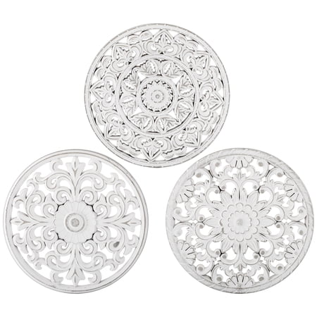HANOBE WHITE WALL DECOR CARVED MEDALLION – RUSTIC WOOD WALL ART DECORATIVE DISTRESSED HANGING DECORATIONS FARMHOUSE HOME DECORATION FOR LIVING ROOM BEDROOM KITCHEN BATHROOM SET OF 3