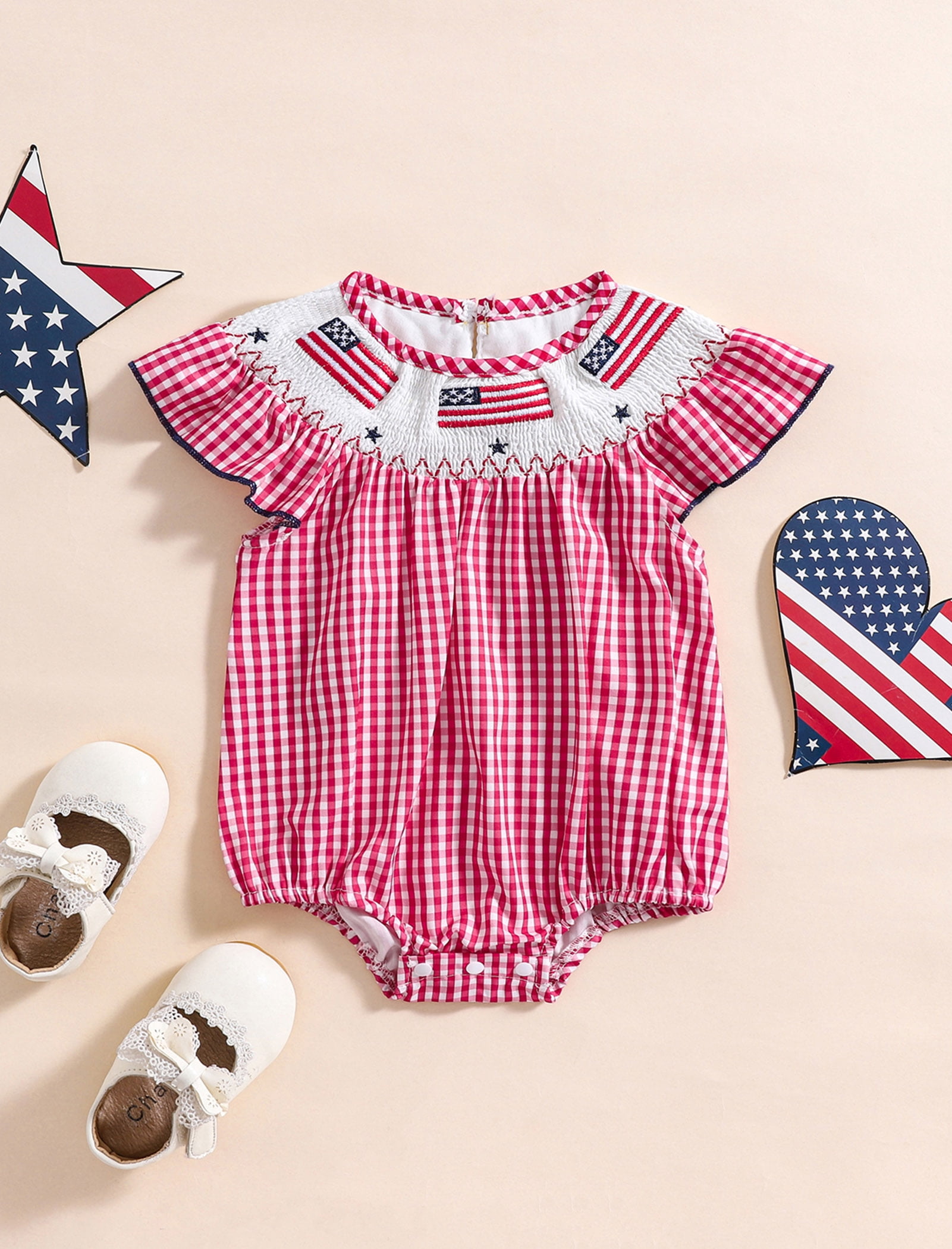 OBEEII Newborn Baby Boys Girls Smoked Romper Embroidery Round Neck Ruffle Sleeve Bubble Bodysuit Summer Clothes Causal Outfits