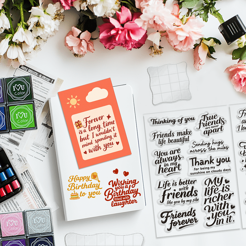 DIY Scrapbooking Stamp Kits including Acrylic Stamping Blocks Tools PVC Plastic Clear Stamp Plastic Craft Finger Ink Pad Stamps Set