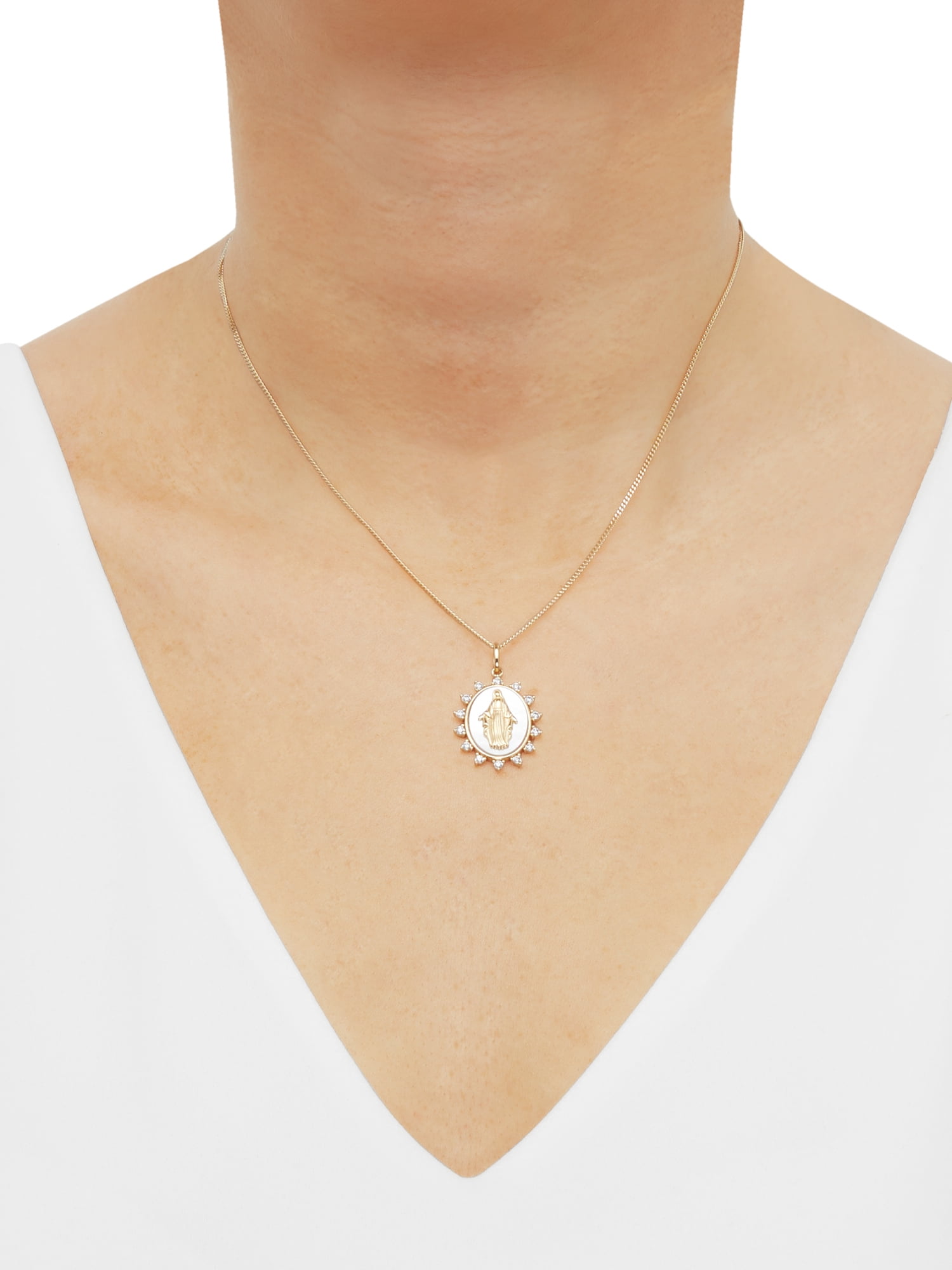 Brilliance Fine Jewelry Mother of Pearl Cubic Zirconia Mary Pendant in Sterling Silver and 14KT Gold Plate