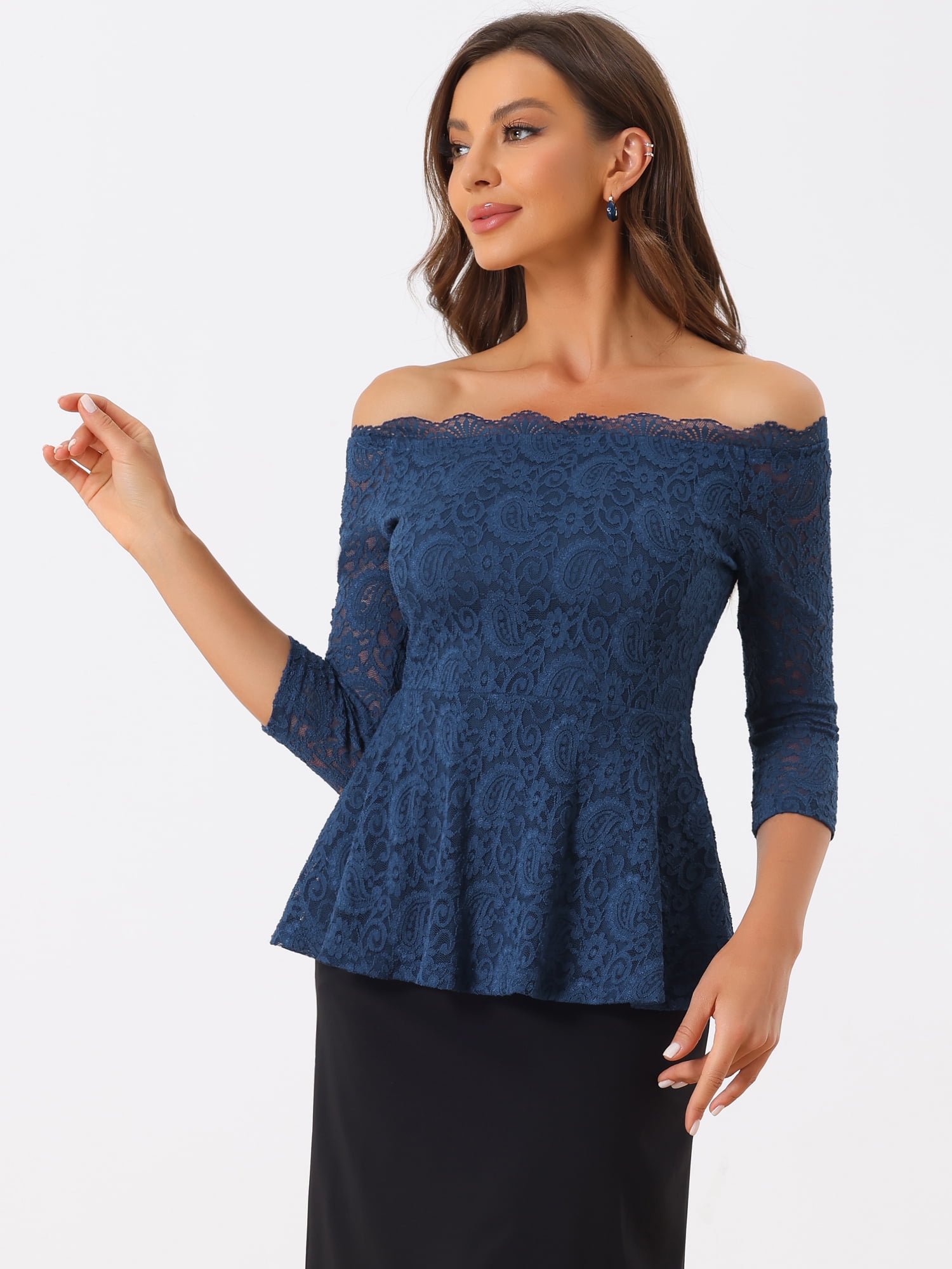 DARING DIVA Lace Off the Shoulder Sheer Peplum Blouse Top S Dark Blue