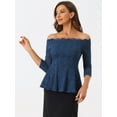 thumbnail image 4 of Blusa de manga 3/4 transparente con hombros descubiertos y encaje floral Allegra K Azul Oscuro S, 4 of 5