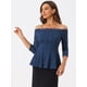 thumbnail image 4 of Blusa de manga 3/4 transparente con hombros descubiertos y encaje floral Allegra K Azul Oscuro XS, 4 of 5