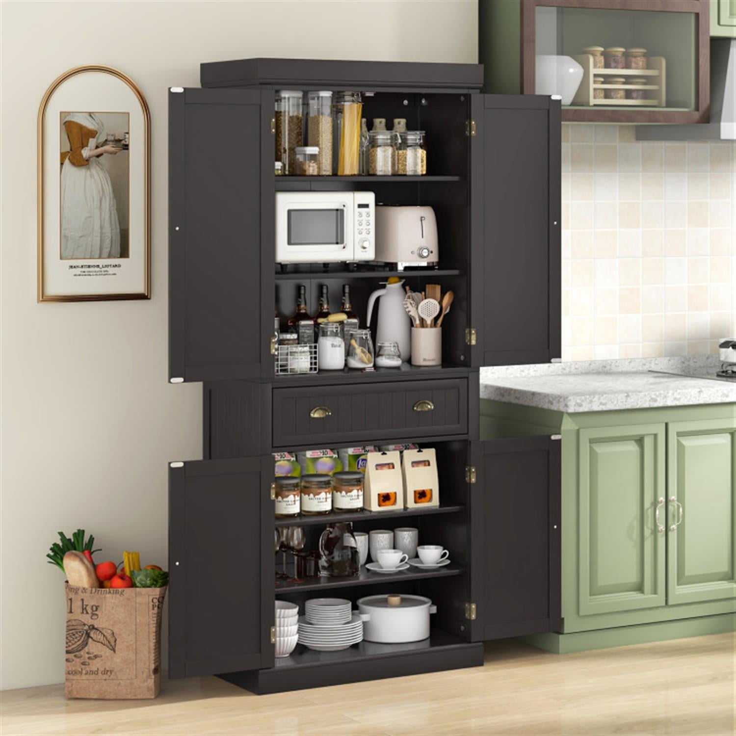 Demi Bonn 72" Cupboard Freestanding Kitchen Cabinet with Doors and Drawer, Accent Storage Cabinet, Pantry Cabinet with Adjustable Shelves, Brown