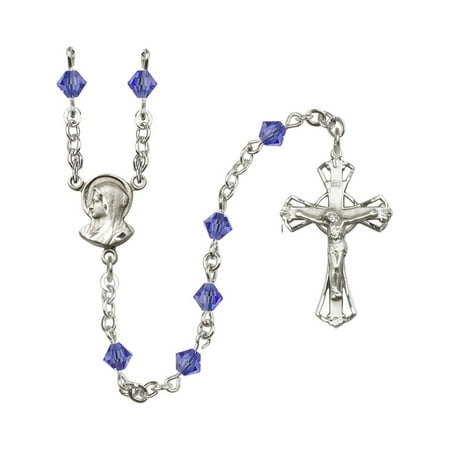 - Sterling Silver Rosary 5mm September Blue Swarovski Rundell-Shaped beads Crucifix sz 1 1/4 x 3/4. Madonna medal charm