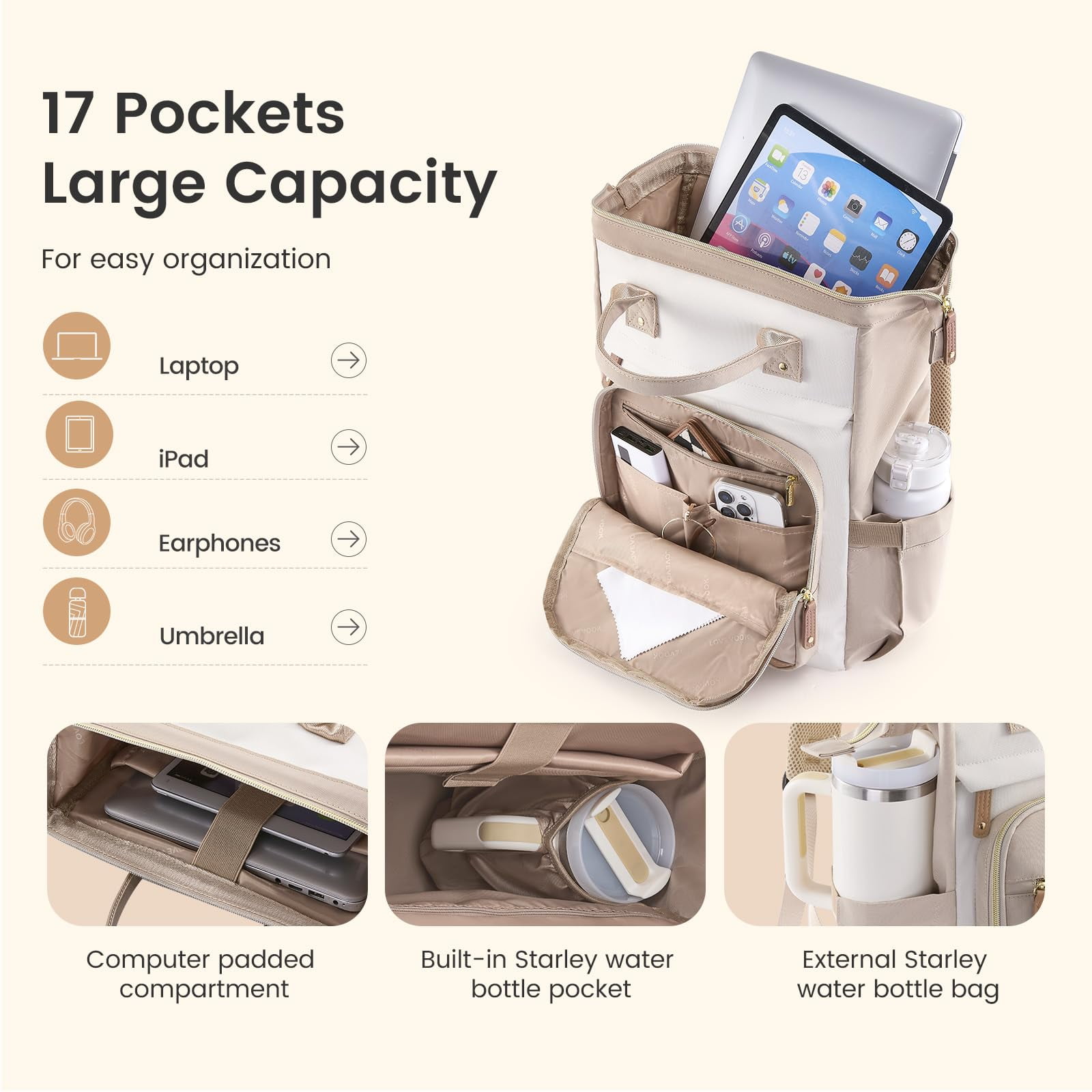 LOVEVOOK Laptop Backpack for Women Work Bag with Large Capacity Cup Side Pocket, 15.6 Inch Waterproof Computer Backpacks Purse, College Bookbag for School, Business, Teacher, Travel