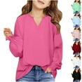 thumbnail image 2 of Qingpeng Girls Long Sleeve V Neck Shirts Casual Loose Solid Tee Blouse Lightweight Top, 2 of 8